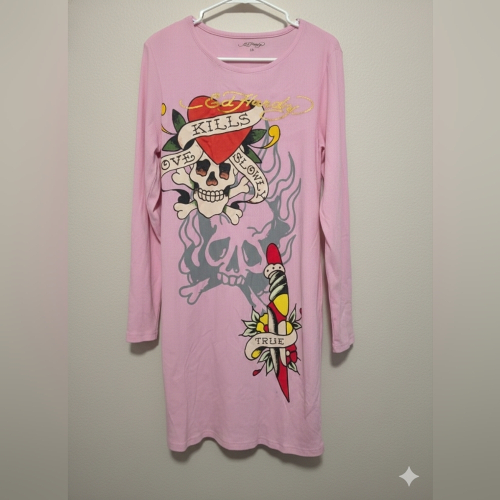 Ed Hardy Retro Flash Ribbed Mini Dress - Pink Size 1X (EUC) - Picture 7 of 12